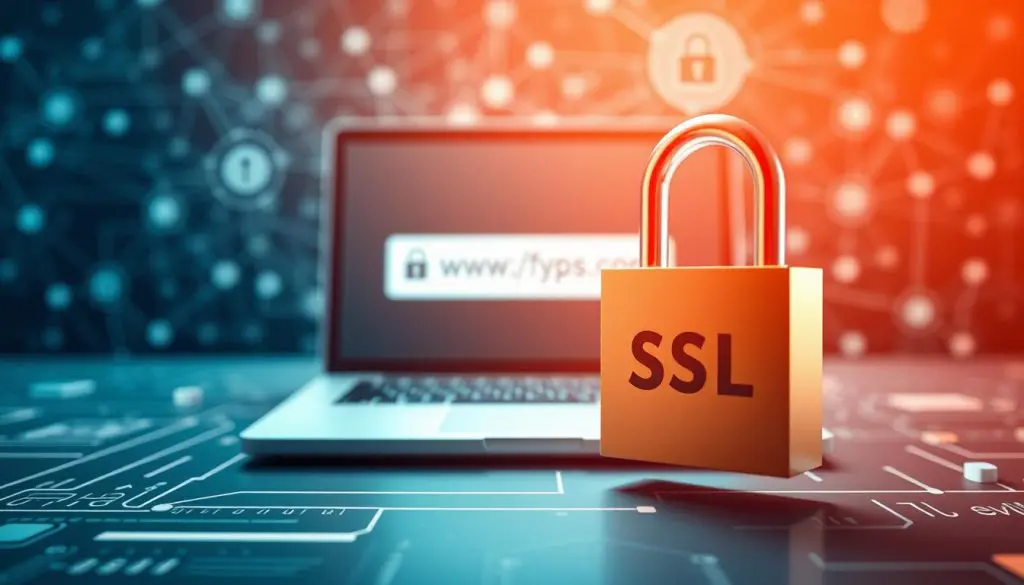 A high-tech digital security illustration, showcasing the use of SSL (Secure Sockets Layer) to protect personal information. In the foreground, a secure lock icon symbolizes the encryption process, surrounded by a sleek, minimalist design. The middle ground features a laptop displaying a website, with the SSL-enabled URL visible. In the background, a network diagram or abstract data visualization conveys the underlying technological infrastructure that enables secure online communication. The overall tone is professional, modern, and informative, highlighting the importance of SSL in safeguarding personal data.