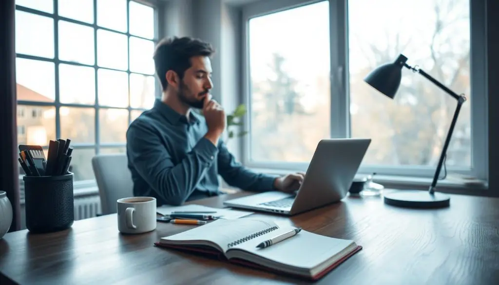 A serene home office with a desk, laptop, and various productivity tools. Soft natural lighting filters through large windows, casting a warm glow. On the desk, a notebook and pen lie open, alongside a cup of coffee. The worker is deep in thought, evaluating their performance metrics displayed on the laptop screen. The atmosphere conveys a sense of focus, introspection, and a dedication to continuous improvement. The overall scene captures the essence of a freelancer's diligent self-assessment, crucial for maintaining a successful online career. A serene home office with a desk, laptop, and various productivity tools. Soft natural lighting filters through large windows, casting a warm glow. On the desk, a notebook and pen lie open, alongside a cup of coffee. The worker is deep in thought, evaluating their performance metrics displayed on the laptop screen. The atmosphere conveys a sense of focus, introspection, and a dedication to continuous improvement. The overall scene captures the essence of a freelancer's diligent self-assessment, crucial for maintaining a successful online career.
