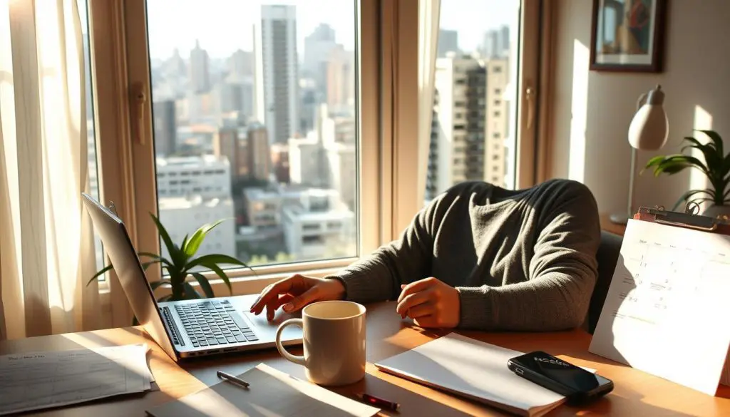 A sun-dappled home office, a freelancer navigating the challenges of remote work. In the foreground, a laptop, papers, and a mug of steaming coffee, symbolizing the focus and discipline required. In the middle ground, a calendar, phone, and to-do list, representing the need for effective time management and organization. In the background, a window overlooking a bustling city, hinting at the isolation and distractions of the freelance lifestyle. Warm lighting casts a cozy, introspective tone, as the freelancer contemplates how to overcome the unique obstacles of independent work. A sense of determination and resilience permeates the scene. A sun-dappled home office, a freelancer navigating the challenges of remote work. In the foreground, a laptop, papers, and a mug of steaming coffee, symbolizing the focus and discipline required. In the middle ground, a calendar, phone, and to-do list, representing the need for effective time management and organization. In the background, a window overlooking a bustling city, hinting at the isolation and distractions of the freelance lifestyle. Warm lighting casts a cozy, introspective tone, as the freelancer contemplates how to overcome the unique obstacles of independent work. A sense of determination and resilience permeates the scene.