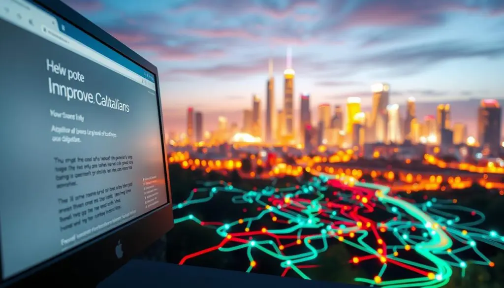 A vibrant, digitally-rendered landscape showcasing the importance of external links. In the foreground, a desktop computer screen displays a website with hyperlinked text, representing the act of improving outbound connections. The middle ground features a maze-like network of colorful lines and nodes, symbolizing the interconnected nature of the digital world. In the background, a serene, futuristic cityscape with glowing skyscrapers bathes the scene in a warm, technological glow. The lighting is soft and diffused, creating a sense of depth and atmosphere. The overall composition conveys the idea of enhancing a website's external visibility and discoverability through strategic link-building. A vibrant, digitally-rendered landscape showcasing the importance of external links. In the foreground, a desktop computer screen displays a website with hyperlinked text, representing the act of improving outbound connections. The middle ground features a maze-like network of colorful lines and nodes, symbolizing the interconnected nature of the digital world. In the background, a serene, futuristic cityscape with glowing skyscrapers bathes the scene in a warm, technological glow. The lighting is soft and diffused, creating a sense of depth and atmosphere. The overall composition conveys the idea of enhancing a website's external visibility and discoverability through strategic link-building.