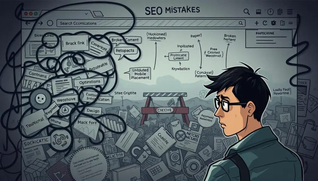 Detailed digital illustration of common SEO mistakes, showcasing a cluttered web page with intricate visual elements. Prominent in the foreground, a confused person examines a tangled web of technical issues, such as broken links, duplicate content, and lack of mobile optimization. In the middle ground, various search engine optimization roadblocks loom, including outdated metadata, ineffective keyword placement, and poor site structure. The background depicts a hazy, bewildered landscape, symbolizing the overwhelming challenges of optimizing a website for search engines. Moody lighting, muted color palette, and a sense of complexity convey the gravity of these prevalent SEO pitfalls. Detailed digital illustration of common SEO mistakes, showcasing a cluttered web page with intricate visual elements. Prominent in the foreground, a confused person examines a tangled web of technical issues, such as broken links, duplicate content, and lack of mobile optimization. In the middle ground, various search engine optimization roadblocks loom, including outdated metadata, ineffective keyword placement, and poor site structure. The background depicts a hazy, bewildered landscape, symbolizing the overwhelming challenges of optimizing a website for search engines. Moody lighting, muted color palette, and a sense of complexity convey the gravity of these prevalent SEO pitfalls.