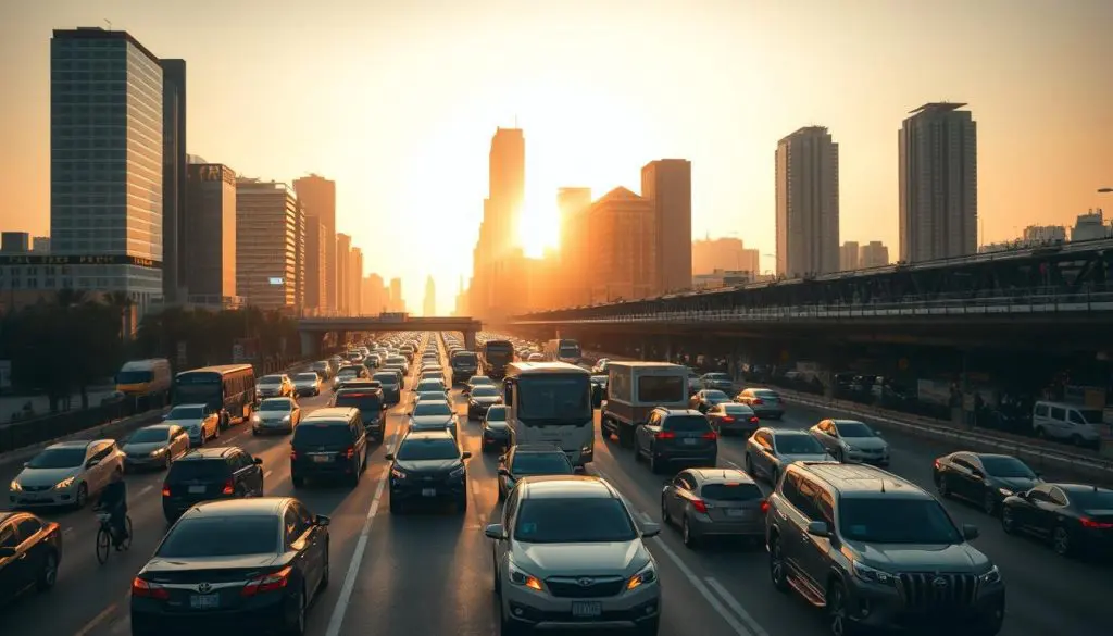 A bustling city street with heavy traffic flow, captured from an elevated perspective. Vehicles of various makes and models navigate the congested roads, their headlights and taillights creating a dazzling display of movement and energy. Towering skyscrapers line the horizon, casting long shadows across the scene, while a warm, golden sunset bathes the urban landscape in a soft, ethereal glow. The composition emphasizes the dynamic interplay of vehicles, architecture, and natural light, conveying the essence of a thriving, well-connected metropolis.