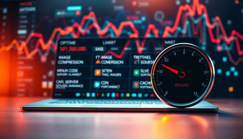 A sleek, modern website interface with a focus on performance optimization. In the foreground, a stylized speedometer or performance gauge, indicating website speed and load times. In the middle ground, a series of optimized website elements like image compression, minified code, and caching mechanisms. The background features a vibrant, abstract data visualization, representing the complex interplay of server infrastructure, CDN, and user behavior that contribute to overall website performance. The lighting is crisp, with warm highlights accentuating the dynamic UI components. The overall mood is one of efficiency, reliability, and technological sophistication.