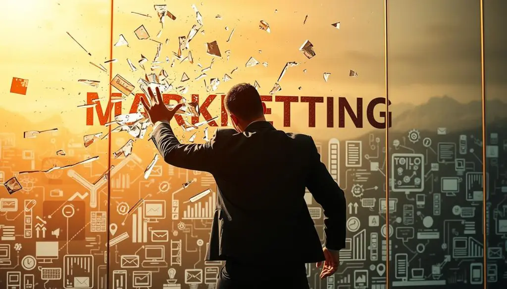 A vibrant scene of breaking through marketing barriers. In the foreground, a person shatters a glass wall, representing the overcoming of obstacles. The middle ground showcases a dynamic landscape of interconnected ideas, strategies, and digital tools. In the background, a warm, golden light illuminates the scene, conveying a sense of progress and opportunity. The composition is balanced, with strong diagonal lines and a sense of depth, creating a visually compelling and inspirational image. Lighting is soft and diffused, adding depth and dimensionality to the scene. The overall mood is one of empowerment, innovation, and a bold step towards success.