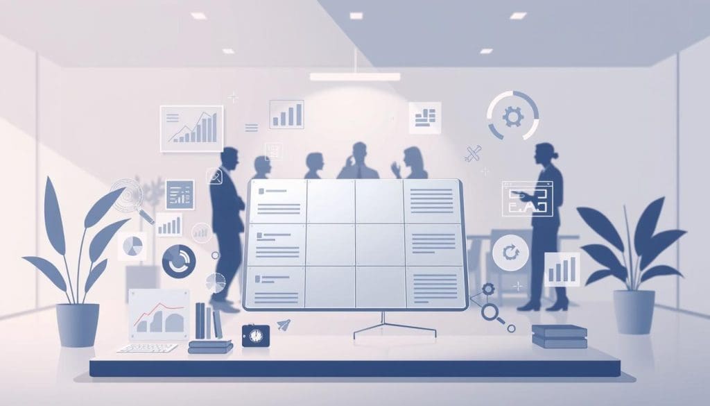 A digital illustration depicting the tools and elements involved in the decision-making process. In the foreground, a central decision-making matrix is showcased, with various data points, charts, and analysis tools surrounding it. The middle ground features a group of people engaged in a collaborative discussion, deliberating and weighing the options. The background suggests a modern, minimalist office setting with clean lines, neutral tones, and subtle lighting to create a focused, professional atmosphere. The overall composition conveys a sense of structure, rationality, and a thoughtful approach to making an informed decision.