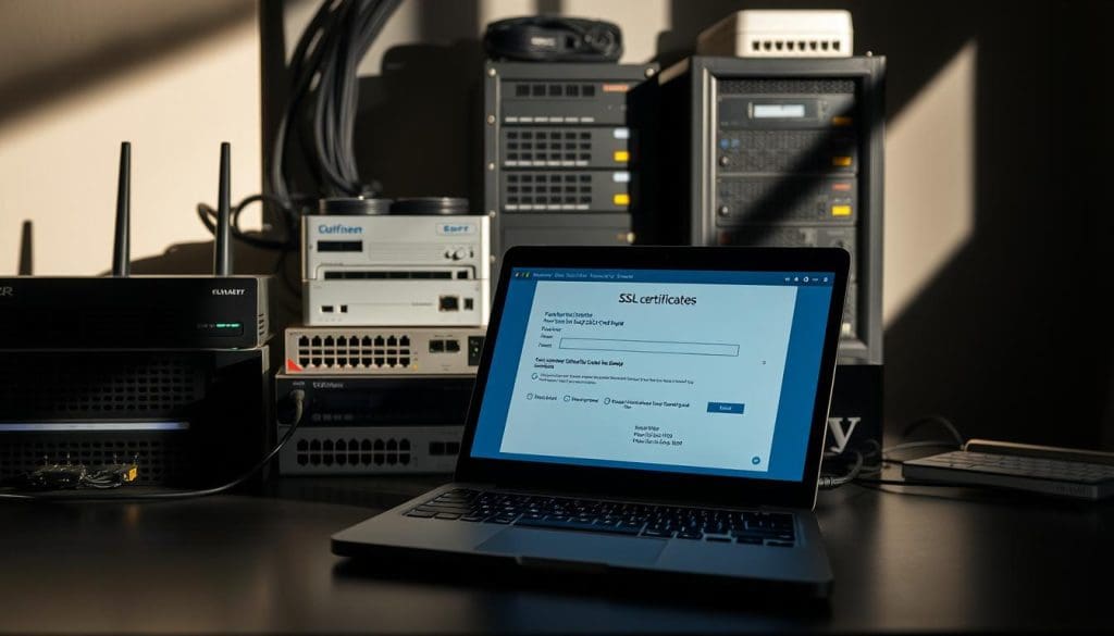 A high-quality still life photograph of a desk setup for testing SSL security. In the foreground, an open laptop displaying an SSL certificate validation tool. In the middle ground, various networking devices like routers, modems, and switches. In the background, a server rack and other IT equipment. Dramatic studio lighting casts interesting shadows, creating a sense of technical sophistication. The composition is well-balanced, with a clean, professional aesthetic that reflects the importance of SSL security. A high-quality still life photograph of a desk setup for testing SSL security. In the foreground, an open laptop displaying an SSL certificate validation tool. In the middle ground, various networking devices like routers, modems, and switches. In the background, a server rack and other IT equipment. Dramatic studio lighting casts interesting shadows, creating a sense of technical sophistication. The composition is well-balanced, with a clean, professional aesthetic that reflects the importance of SSL security.