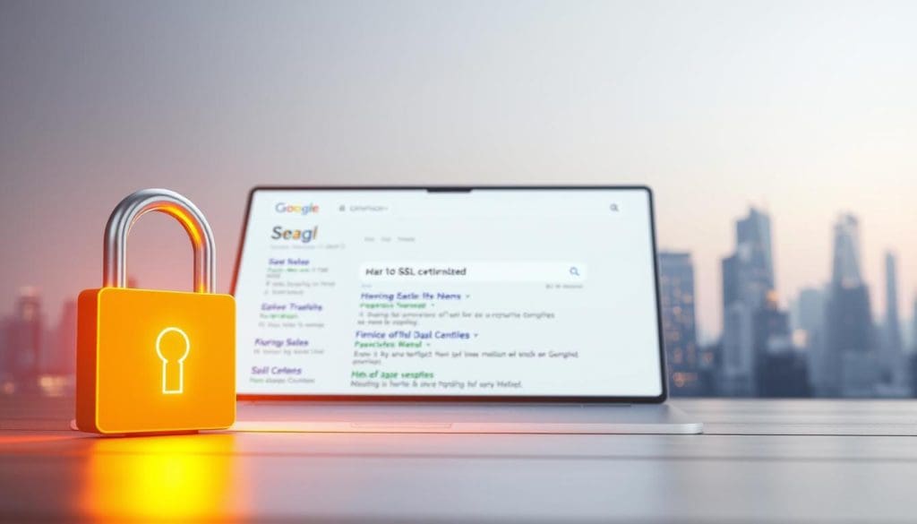 A high-resolution, detailed 3D illustration of a search engine optimization (SEO) concept. In the foreground, a glowing SSL certificate casts a warm light on the scene, symbolizing the importance of SSL in improving search engine rankings. In the middle ground, a search engine results page (SERP) displays prominently, with the URL of the website highlighted to showcase the SSL certificate's impact. In the background, a city skyline with office buildings and data centers represents the broader digital landscape. The lighting is soft and diffuse, creating a professional, authoritative atmosphere. The composition is balanced and visually striking, effectively conveying the subject matter. A high-resolution, detailed 3D illustration of a search engine optimization (SEO) concept. In the foreground, a glowing SSL certificate casts a warm light on the scene, symbolizing the importance of SSL in improving search engine rankings. In the middle ground, a search engine results page (SERP) displays prominently, with the URL of the website highlighted to showcase the SSL certificate's impact. In the background, a city skyline with office buildings and data centers represents the broader digital landscape. The lighting is soft and diffuse, creating a professional, authoritative atmosphere. The composition is balanced and visually striking, effectively conveying the subject matter.