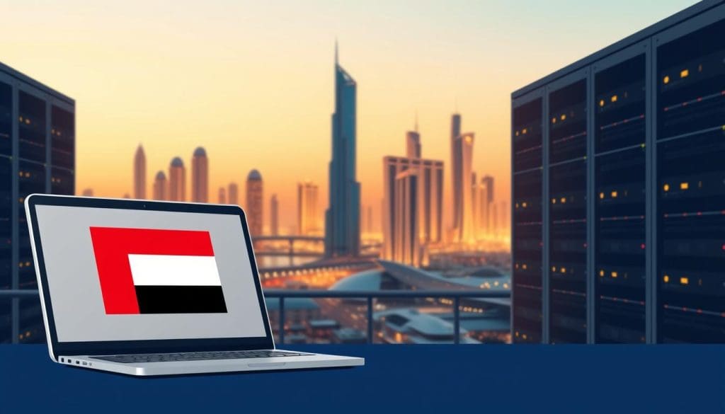 A modern, minimalist illustration showcasing web hosting services in the United Arab Emirates. In the foreground, a sleek, stylized laptop or desktop computer displays a simple UAE flag motif. The middle ground features a series of data center racks, their server lights glowing softly. In the background, a panoramic view of the Dubai skyline with its iconic skyscrapers and landmarks, bathed in a warm, golden evening light. The overall mood is one of efficiency, sophistication, and pride in the UAE's growing technology infrastructure. The image conveys a sense of reliable, high-quality web hosting solutions tailored to the needs of businesses in the Emirates.