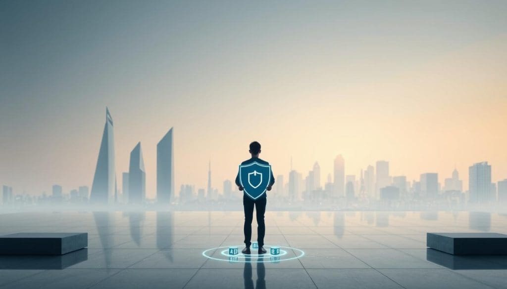 A serene digital landscape with a central figure symbolizing personal data protection. In the foreground, a person stands with a shield-like device, safeguarding a cluster of glowing data cubes. The background depicts a minimalist cityscape, with sleek buildings and a calm, muted color palette. Soft, diffused lighting creates a sense of security and privacy. The scene conveys the importance of safeguarding personal information in the digital age, with a focus on the individual's role in maintaining data integrity and confidentiality.