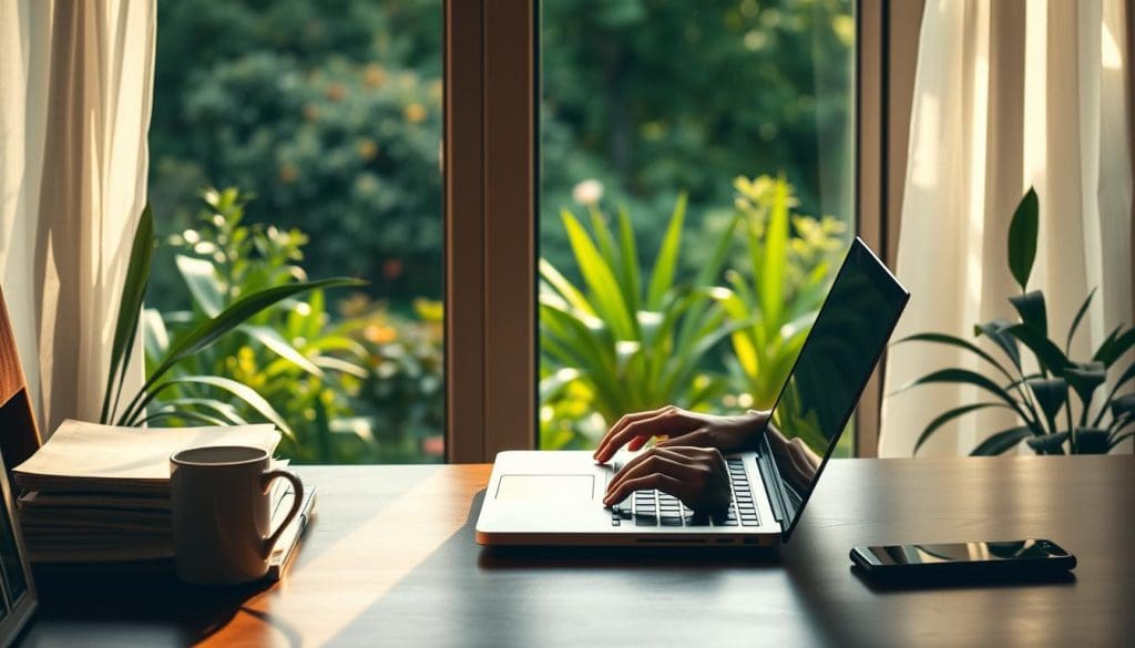 A serene home office overlooking a lush garden, with a laptop and coffee mug on a wooden desk bathed in warm, natural light. A person, their face obscured, is intently focused on the laptop screen, hands poised over the keyboard. Alongside the laptop, a stack of papers and a stylish mobile phone suggest the multifaceted nature of online income generation. The atmosphere is one of quiet productivity and contemplation, hinting at the potential for financial independence through Blogger.