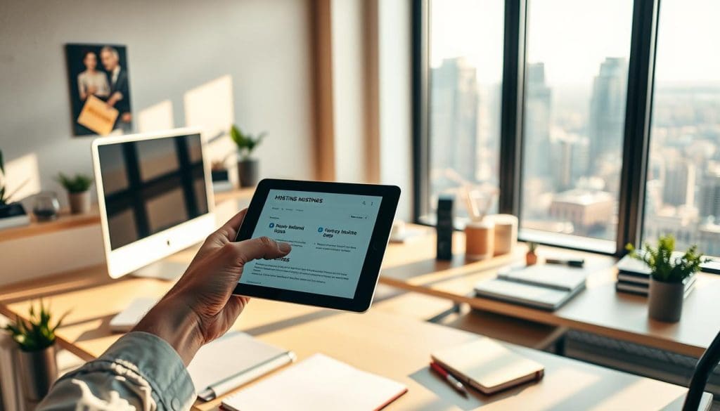 A serene office workspace with a desktop computer, notebook, and various office supplies. The scene is bathed in warm, natural lighting streaming through large windows, casting a cozy, productive atmosphere. In the foreground, a hand hovers over a tablet, carefully considering hosting plans and options tailored to the website's specific needs. The middle ground features a neatly organized desk with a modern, minimalist aesthetic. The background showcases a view of a bustling city skyline, hinting at the dynamic online presence the hosting choice will enable.