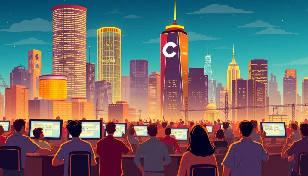 A vibrant and dynamic illustration showcasing the popularity of cPanel, a widely-used web hosting control panel. The image depicts a bustling cityscape, with towering skyscrapers and a lively urban atmosphere. In the foreground, a group of web developers and IT professionals enthusiastically using cPanel, their screens illuminated by the soft glow of the interface. The middle ground features a crowd of diverse users, from small business owners to large-scale enterprises, all engaged with the intuitive cPanel dashboard. In the background, a towering cPanel logo dominates the skyline, symbolizing the platform's ubiquity and influence within the web hosting industry. The scene is bathed in warm, golden lighting, conveying a sense of productivity, efficiency, and widespread adoption.