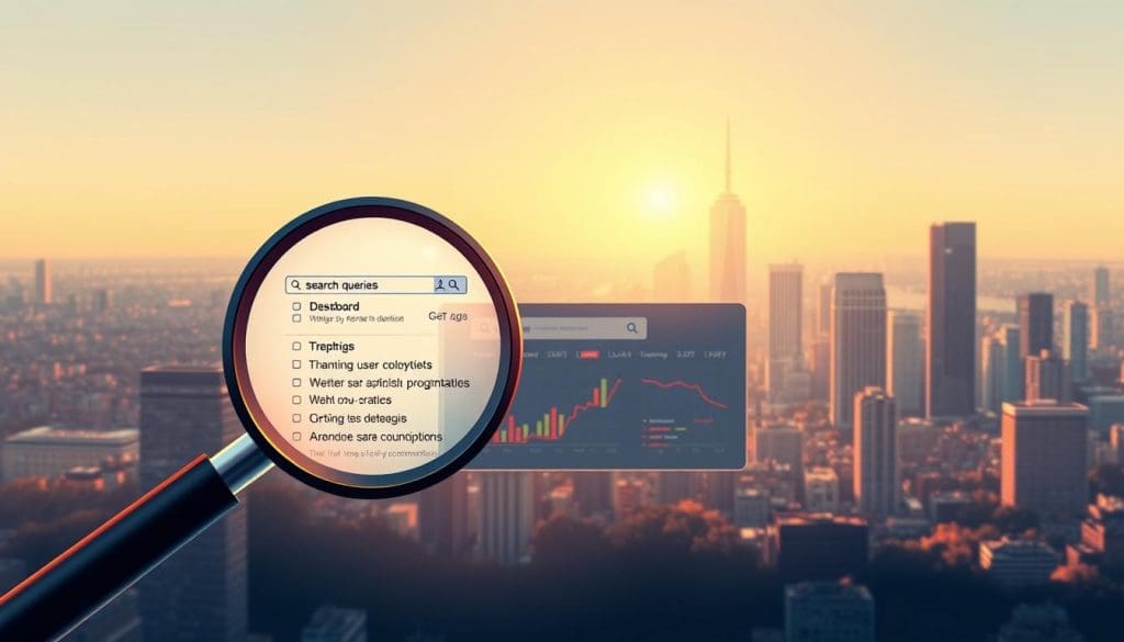 A detailed illustration of "Search Intent Analysis" showcasing the key principles of SEO in 2025. In the foreground, a magnifying glass examines a set of search queries, revealing insights into user intent. The middle ground features a sleek dashboard displaying analytics and optimization recommendations. In the background, a vibrant cityscape symbolizes the dynamic digital landscape. The scene is bathed in a warm, golden light, conveying a sense of clarity and professionalism. The composition is balanced, with clean lines and a minimalist aesthetic to highlight the analytical nature of the subject matter.