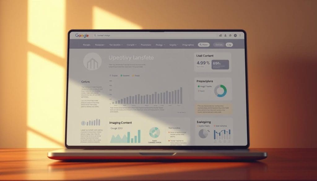 A detailed illustration of how to seamlessly integrate SEO and content design. A sleek, modern website interface forms the central focus, with visually striking data visualizations and infographics strategically placed to highlight the synergy between optimized content and engaging design. Warm, gentle lighting casts a soft glow, creating a sense of harmony and balance. The overall composition conveys a refined, professional aesthetic that effectively communicates the core message of the section. Subtle gradients and geometric patterns in the background provide depth and visual interest, while maintaining a clean, uncluttered layout.