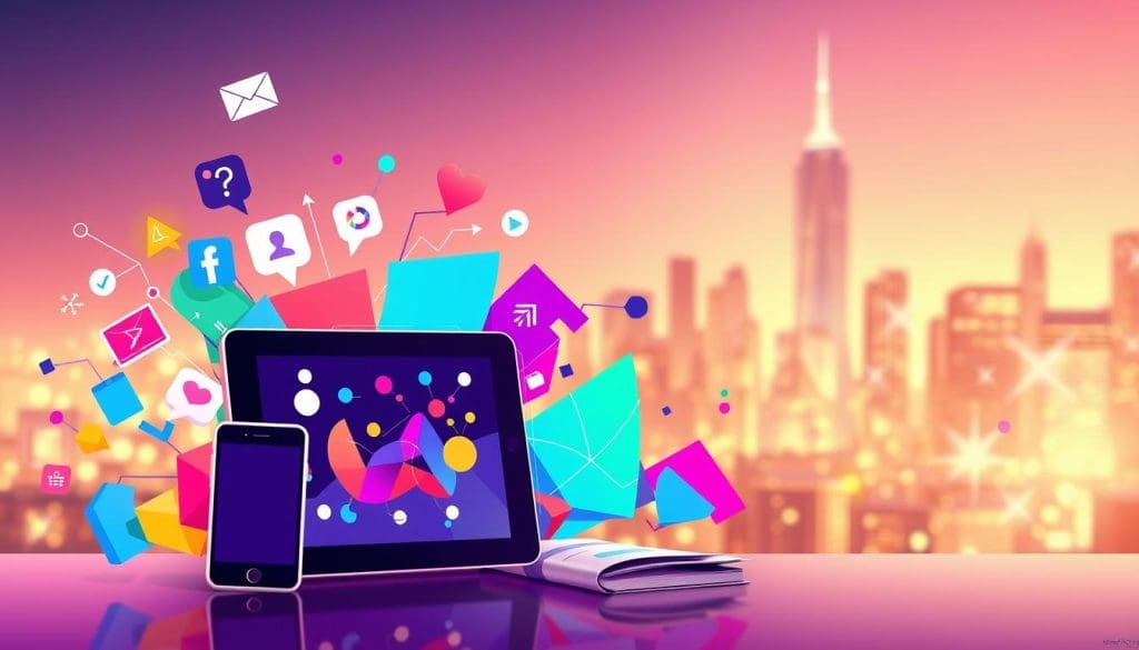 A dynamic and visually captivating illustration of "تكامل الوسائط التسويقية" (Integrated Marketing Media). In the foreground, a seamless blend of digital and physical media channels, including a tablet, smartphone, printed brochure, and social media icons, symbolizing the harmonious integration of diverse marketing touchpoints. The middle ground features a vibrant, abstract composition of geometric shapes and patterns in a palette of complementary hues, creating a sense of energy and interconnectedness. In the background, a soft, blurred cityscape with towering skyscrapers and glowing windows, suggesting the wide-reaching impact of an integrated marketing strategy. The overall scene is illuminated by warm, directional lighting, casting subtle shadows and highlights to accentuate the dynamic, yet balanced, composition.