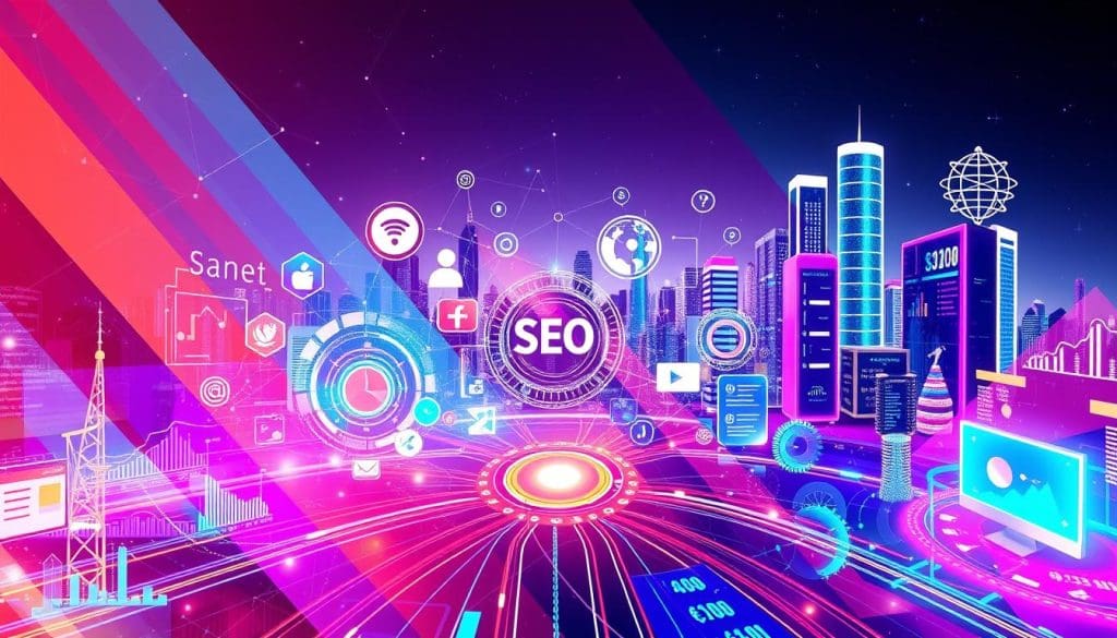 A dynamic digital marketing landscape, with vibrant hues and geometric patterns weaving a cohesive visual narrative. In the foreground, a central hub of interconnected icons and symbols representing the integration of various digital strategies - SEO, social media, content marketing, and more. The middle ground features stylized data visualizations and analytical dashboards, showcasing the insights and metrics that drive effective campaigns. The background sets the scene with a futuristic cityscape, its gleaming skyscrapers and neon-lit streets symbolizing the rapidly evolving digital ecosystem. Soft, directional lighting casts a warm, collaborative glow, emphasizing the synergy between these integrated marketing practices. The overall composition conveys a sense of adaptability, optimization, and a forward-thinking approach to digital communication.