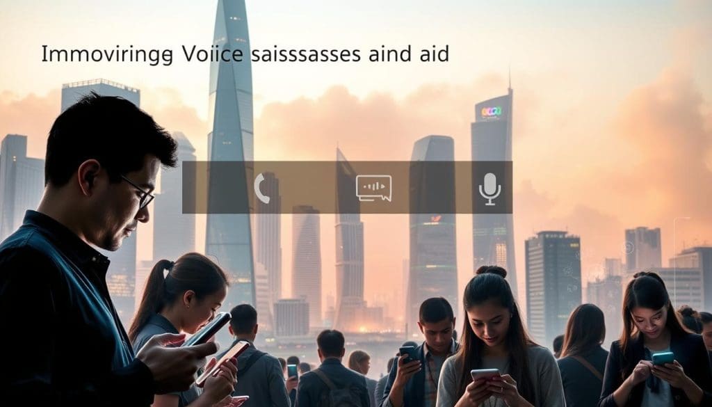 A futuristic cityscape with towering skyscrapers and gleaming glass facades. In the foreground, a group of people engrossed in their mobile devices, their faces illuminated by the soft glow of the screens. The background is hazy with a warm, ambient lighting, creating a sense of technological integration and connectivity. Subtle details like voice command interfaces, virtual assistants, and augmented reality overlays suggest the advanced capabilities of the mobile devices. The overall composition conveys the seamless integration of voice search and mobile technology into the urban landscape, reflecting the theme of "Improving Voice Search and Mobile Phones". A futuristic cityscape with towering skyscrapers and gleaming glass facades. In the foreground, a group of people engrossed in their mobile devices, their faces illuminated by the soft glow of the screens. The background is hazy with a warm, ambient lighting, creating a sense of technological integration and connectivity. Subtle details like voice command interfaces, virtual assistants, and augmented reality overlays suggest the advanced capabilities of the mobile devices. The overall composition conveys the seamless integration of voice search and mobile technology into the urban landscape, reflecting the theme of "Improving Voice Search and Mobile Phones".