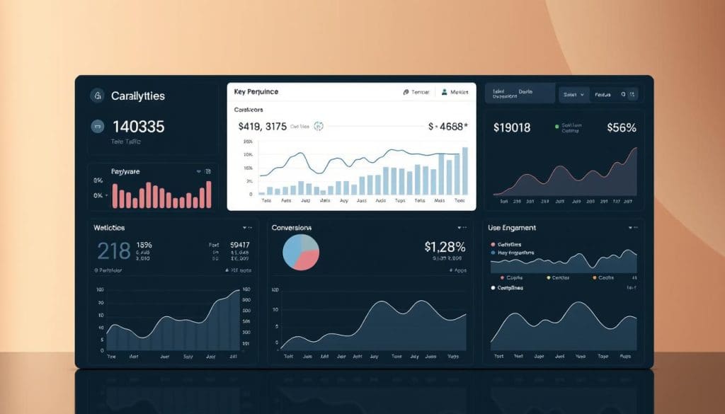 A professional and sleek website analytics dashboard, showcasing key performance metrics such as website traffic, user engagement, and conversion rates. The dashboard features clean, minimalist design with carefully selected color palette and data visualizations. The background is a subtle, blurred gradient of warm, earthy tones, creating a sense of sophistication. In the foreground, a series of elegant, interactive charts and graphs present the performance data in an intuitive and engaging manner. The overall composition conveys a sense of data-driven decision making and a commitment to continuous improvement.