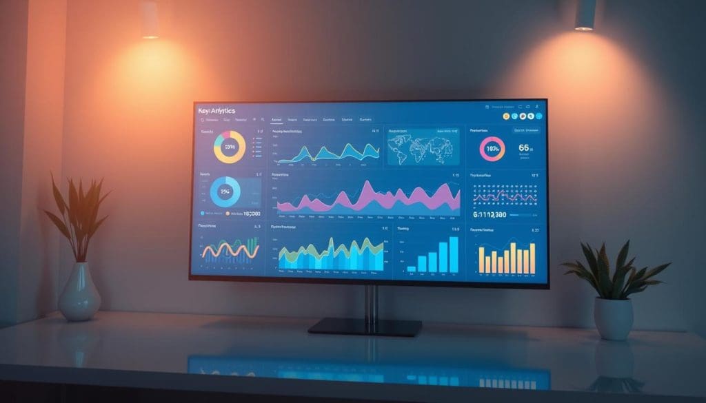 A serene digital dashboard showcasing vibrant visualizations and analytics, bathed in a soft, warm glow. Elegant charts, graphs, and infographics flow across the screen, offering insights into key performance metrics. The composition is balanced, with the central display surrounded by subtler peripheral data points. Thoughtful use of negative space creates a sense of clarity and focus. The overall mood is one of informed, data-driven decision-making, empowering the viewer to evaluate digital performance with ease and confidence.