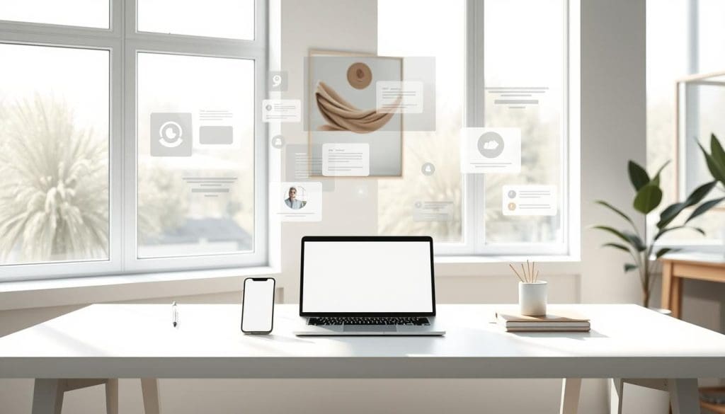A serene user experience scene set in a modern workspace. Gentle morning sunlight filters through large windows, illuminating a clean, minimalist desk with a laptop, smartphone, and pen. Elegant user interface designs and intuitive navigation elements float ethereally above the workspace, highlighting the seamless flow of digital interactions. Soft, muted colors create a calming atmosphere, while subtle details like an abstract art piece on the wall and a potted plant evoke a sense of balance and harmony. The composition emphasizes simplicity, focus, and the user's effortless engagement with technology.