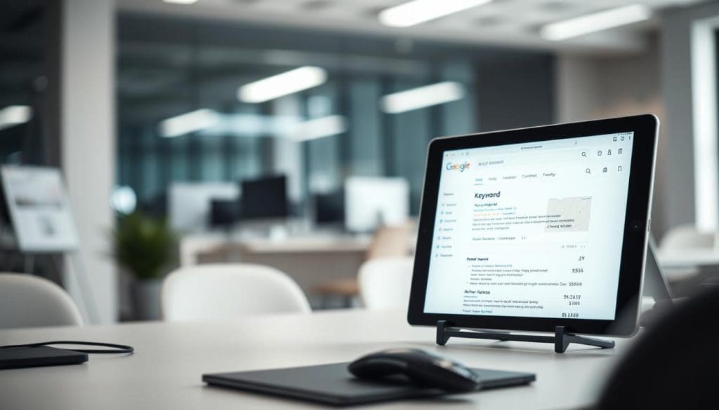 A serene workspace with a clean, modern aesthetic. The foreground features a desktop display showcasing a detailed analysis of keyword research, presented in a minimalist and data-driven manner. In the middle ground, a tablet displays a search engine results page, highlighting the importance of targeted keywords and comprehensive SEO strategies. The background offers a blurred view of a productive office environment, emphasizing the significance of meticulous search optimization for businesses in the digital age. Soft, directional lighting accentuates the clean lines and professional tone, creating an atmosphere of focused, analytical contemplation.