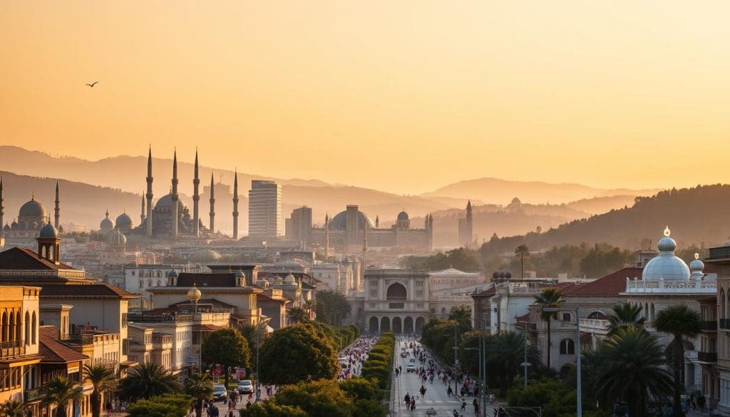 A tranquil cityscape of regional locations, with a focus on prominent landmarks and natural landscapes. The foreground features vibrant, bustling city streets, with diverse architectural styles and lively pedestrian activity. The middle ground showcases iconic regional buildings, such as ornate mosques, towering skyscrapers, and historic landmarks. The background seamlessly blends into rolling hills, lush greenery, and a warm, golden-hued sky, creating a harmonious and visually striking composition. The lighting is soft and diffused, lending a sense of warmth and serenity to the scene. The overall mood is one of cultural richness, balanced progress, and the interplay between urban development and natural beauty. A tranquil cityscape of regional locations, with a focus on prominent landmarks and natural landscapes. The foreground features vibrant, bustling city streets, with diverse architectural styles and lively pedestrian activity. The middle ground showcases iconic regional buildings, such as ornate mosques, towering skyscrapers, and historic landmarks. The background seamlessly blends into rolling hills, lush greenery, and a warm, golden-hued sky, creating a harmonious and visually striking composition. The lighting is soft and diffused, lending a sense of warmth and serenity to the scene. The overall mood is one of cultural richness, balanced progress, and the interplay between urban development and natural beauty.