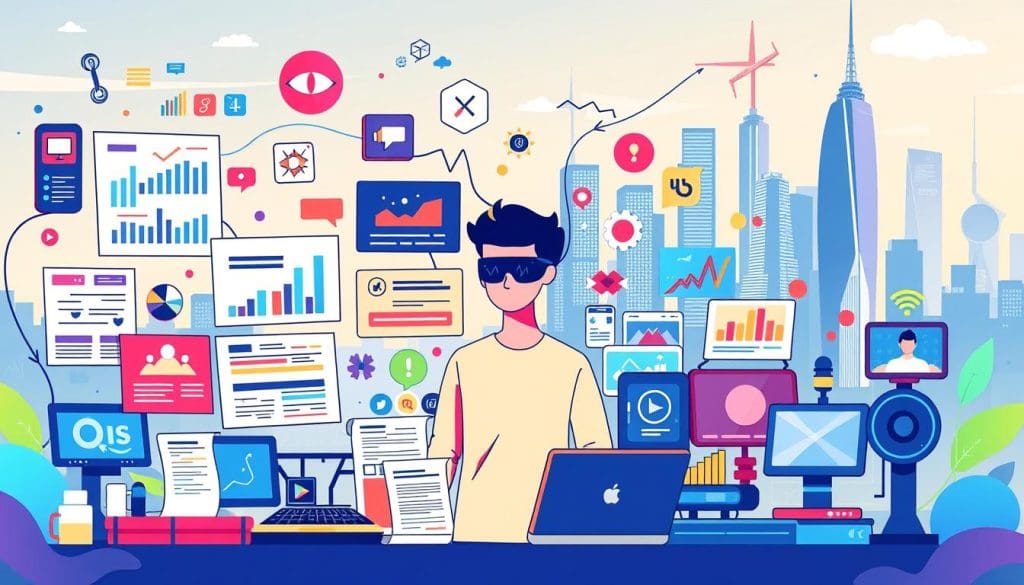 A vibrant and visually engaging illustration showcasing the diverse forms of digital content. In the foreground, a collection of dynamic media elements - interactive infographics, engaging videos, captivating social media posts, and immersive virtual experiences. The middle ground features a stylized representation of the user, surrounded by these digital offerings, emphasizing the user-centric nature of the content. The background depicts a sleek, futuristic cityscape, hinting at the technological advancements that enable the seamless delivery of this diverse digital content. The overall composition conveys a sense of modernity, interactivity, and the seamless integration of digital media into the user's everyday life.