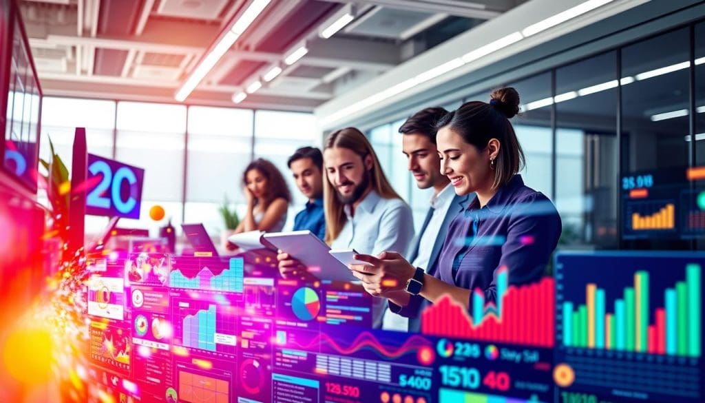 A vibrant digital marketing campaign unfolds before us. In the foreground, a dynamic array of colorful data visualizations, infographics, and captivating visuals entice the viewer. The middle ground showcases a team of digital content creators collaborating, their faces alight with inspiration as they craft engaging online content. In the background, a sleek, modern office space provides the perfect backdrop, with clean lines, abundant natural light, and a sense of technological prowess. The overall mood is one of professionalism, innovation, and a relentless pursuit of digital marketing excellence. Soft, diffused lighting casts a warm glow, emphasizing the collaborative, cutting-edge nature of this successful digital content campaign.