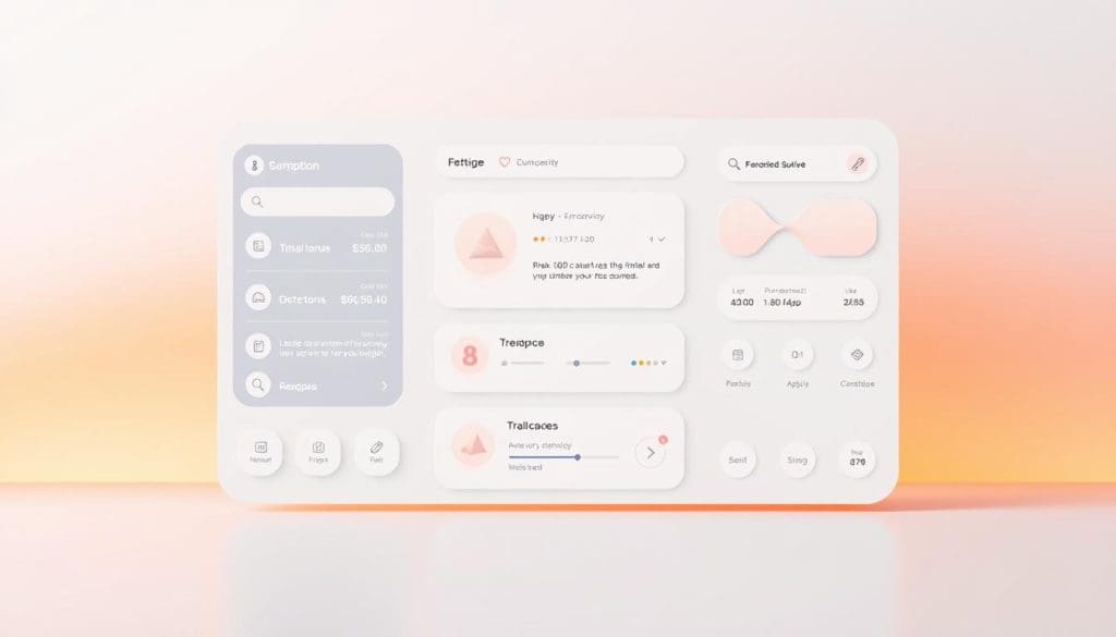 An attractive user interface design showcasing a clean and modern aesthetic. A sleek, minimalist layout with intuitive iconography and clear information hierarchy. Soft, pastel color palette with subtle gradients and geometric patterns. Generous use of white space to enhance legibility and visual balance. Smooth, high-resolution graphics and icons that are crisp and well-defined. Subtle depth and layering through the use of shadows and subtle 3D elements. Warm, diffused lighting from multiple angles to accentuate the design's depth and dimensionality. Overall, a visually striking and user-friendly design that is both aesthetically pleasing and highly functional.