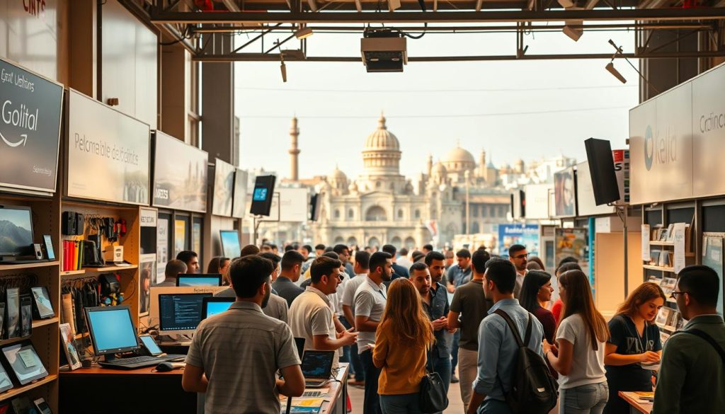 A bustling digital marketplace in Damascus, Syria, where tech-savvy entrepreneurs and freelancers gather to showcase their innovative digital services and products. The foreground features a vibrant display of digital devices, software applications, and website designs, reflecting the diverse offerings of the local digital economy. In the middle ground, groups of young professionals engage in animated discussions, exchanging ideas and forging collaborations. The background depicts the iconic architecture of the old city, juxtaposing the blend of traditional and modern elements that characterize the Syrian digital landscape. Warm lighting casts a welcoming glow, evoking a sense of energy, creativity, and the boundless potential of the Syrian digital market. A bustling digital marketplace in Damascus, Syria, where tech-savvy entrepreneurs and freelancers gather to showcase their innovative digital services and products. The foreground features a vibrant display of digital devices, software applications, and website designs, reflecting the diverse offerings of the local digital economy. In the middle ground, groups of young professionals engage in animated discussions, exchanging ideas and forging collaborations. The background depicts the iconic architecture of the old city, juxtaposing the blend of traditional and modern elements that characterize the Syrian digital landscape. Warm lighting casts a welcoming glow, evoking a sense of energy, creativity, and the boundless potential of the Syrian digital market.
