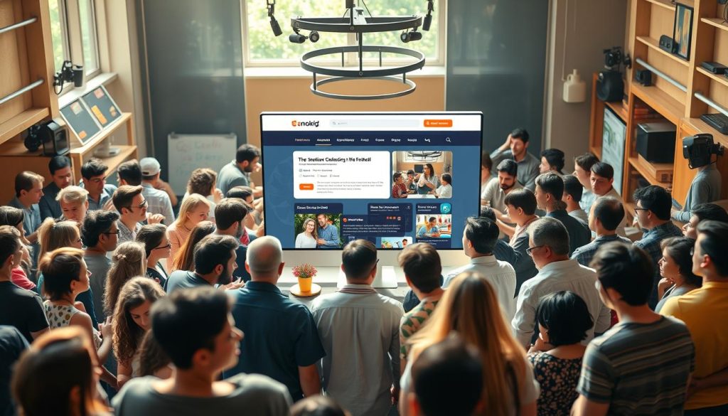 A bustling online community gathered around a vibrant, responsive website. In the foreground, people engage in lively discussions, sharing ideas and supporting one another. The middle ground features a sleek, intuitive interface with ample opportunities for collaboration and content sharing. In the background, the website's infrastructure hums with efficiency, seamlessly connecting users across devices and geographies. Warm, natural lighting sets an inviting tone, while a slight wide-angle perspective conveys a sense of inclusivity and growth. The overall atmosphere radiates a spirit of connectivity, knowledge-sharing, and a shared sense of purpose.