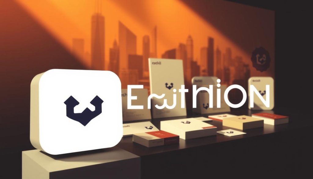 A dynamic, visually striking brand identity. In the foreground, a sleek, minimalist logo design featuring clean geometric shapes and a sophisticated color palette. The middle ground showcases a range of brand assets, such as business cards, packaging, and digital interface elements, all united by a cohesive visual language. In the background, a stylized cityscape or digital landscape, hinting at the brand's online presence and digital-forward approach. Warm, directional lighting casts dramatic shadows, creating depth and a sense of sophistication. The overall mood is one of confidence, innovation, and digital savvy - a strong, memorable brand identity that will captivate and resonate with the target audience.