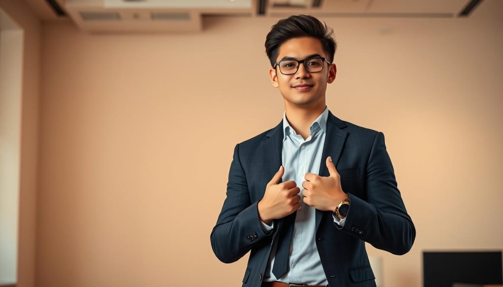 A dynamic young professional stands confidently, presenting themselves with poise and charisma. The scene is set in a minimalist office, bathed in warm, directional lighting that highlights the individual's sharp business attire and focused expression. The background is subtly blurred, drawing the viewer's attention to the subject's engaging body language and engaging gaze. This image conveys the essence of personal branding and the power of effective self-marketing in a digital world. A dynamic young professional stands confidently, presenting themselves with poise and charisma. The scene is set in a minimalist office, bathed in warm, directional lighting that highlights the individual's sharp business attire and focused expression. The background is subtly blurred, drawing the viewer's attention to the subject's engaging body language and engaging gaze. This image conveys the essence of personal branding and the power of effective self-marketing in a digital world.