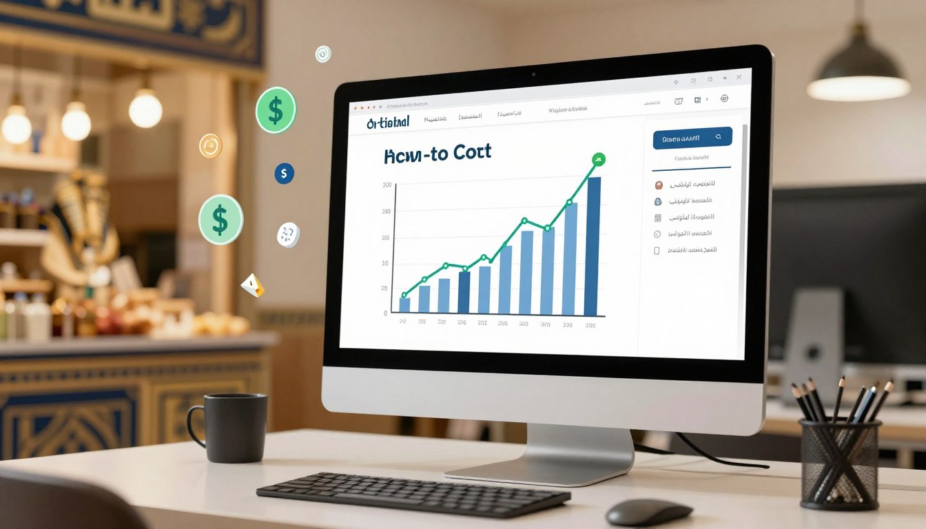 موسوعة كيف تفعل رقمية على شاشة كمبيوتر محاطة بأيقونات نمو الأرباح