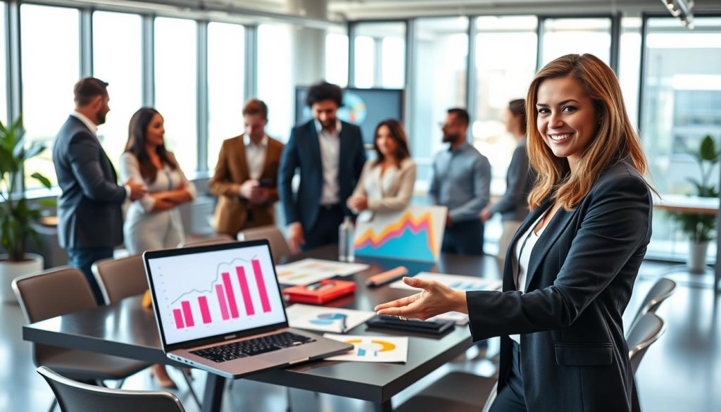 A vibrant and professional setting depicting a team of diverse individuals collaborating on affiliate marketing strategies. In the foreground, a confident woman in business attire gestures towards a laptop displaying a graph showing growth in affiliate sales. In the middle ground, colleagues engage in discussions, with charts and marketing materials spread across a modern conference table. The background features a bright office space with large windows allowing natural light to flood in, creating an inviting atmosphere. The mood is focused and collaborative, with a sense of trust and teamwork evident among the individuals. The image is shot from a slightly elevated angle to capture the dynamics of the group effectively.