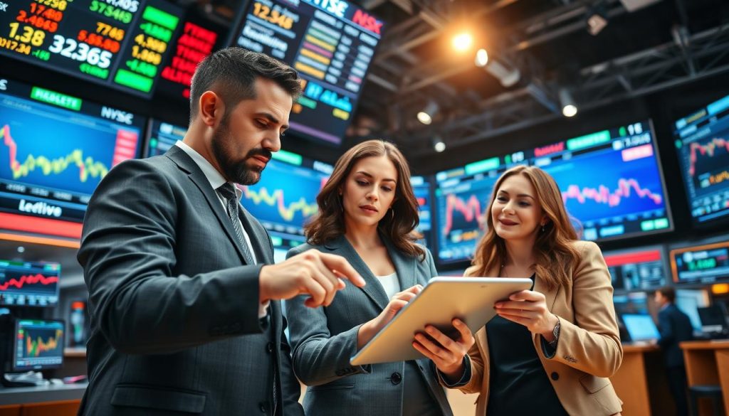 A bustling financial news studio with large screens displaying stock market tickers and graphs in the background. In the foreground, a diverse group of three professionals, a man and two women, dressed in formal business attire, engage in a heated discussion. One is pointing at a stock chart on a tablet, while another takes notes. The lighting is bright and focused, highlighting their expressions of concentration and determination. The atmosphere is dynamic and energetic, reflecting the fast-paced world of stock trading and media influence. The lens captures a close-up angle that creates an intimate yet professional feel, showcasing the importance of media in the stock market. A bustling financial news studio with large screens displaying stock market tickers and graphs in the background. In the foreground, a diverse group of three professionals, a man and two women, dressed in formal business attire, engage in a heated discussion. One is pointing at a stock chart on a tablet, while another takes notes. The lighting is bright and focused, highlighting their expressions of concentration and determination. The atmosphere is dynamic and energetic, reflecting the fast-paced world of stock trading and media influence. The lens captures a close-up angle that creates an intimate yet professional feel, showcasing the importance of media in the stock market.