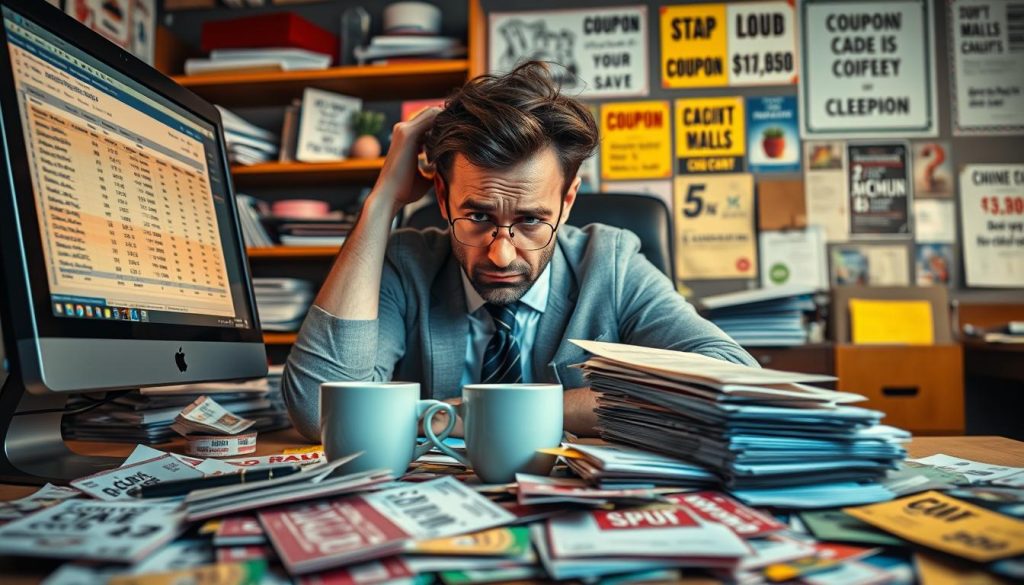 A close-up view of a stressed-out marketer at a cluttered desk, surrounded by an assortment of colorful coupon codes and discount cards, symbolizing the challenges of using coupons. The foreground features a computer screen displaying a complex spreadsheet of coupon statistics, while a cup of coffee sits precariously next to a stack of rejection letters. In the middle, a frustrated individual, dressed in smart casual attire, is seen deeply focused on solving issues, pulling their hair back in concentration. The background shows an office environment with shelves full of marketing materials and motivational posters, illuminated by warm lighting to create a tense yet professional atmosphere. The overall mood reflects a mix of determination and anxiety as the marketer navigates the world of coupons.