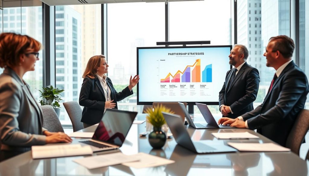 A collaborative business meeting scene set in a modern office environment. In the foreground, a diverse group of three professionals, a middle-aged woman, a young man, and a middle-aged man, are engaged in discussion, dressed in smart business attire. The middle-aged woman gestures towards a large digital screen displaying a colorful chart of partnership strategies. In the middle ground, a high-tech conference table is scattered with documents and laptops, showcasing active collaboration. The background features large windows with city views, letting in natural light, creating a bright and energetic atmosphere. The camera angle is slightly elevated to capture both the professionals’ engagement and the vibrant office detail, conveying a sense of innovation and teamwork in strategic partnerships.