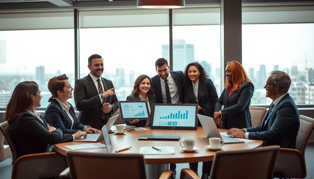A dynamic business meeting scene set in a modern office environment, showcasing a diverse team of professionals engaged in a strategic discussion. In the foreground, there are two confident individuals in business attire, one pointing at a digital tablet displaying graphs and metrics, conveying collaboration. The middle section features a round table with documents, laptops, and coffee cups, symbolizing teamwork and active engagement. In the background, large windows reveal a cityscape, suggesting opportunity and ambition. Soft, natural lighting filters through the windows, creating a warm and inviting atmosphere. The mood is focused yet collaborative, illustrating the challenges and risks involved in forming strategic partnerships. The overall composition captures a sense of professionalism and determination.