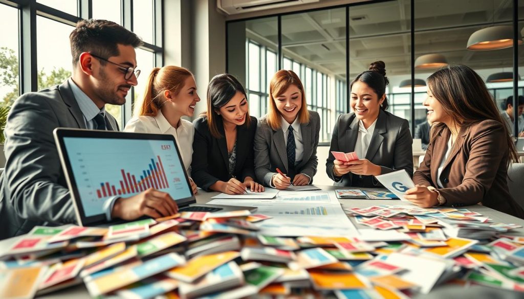 A dynamic business scene illustrating the effectiveness of coupons and discounts in boosting profits. In the foreground, a diverse group of professionals in smart business attire is gathered around a table filled with colorful coupons and discount cards. They are engaged in discussion, analyzing graphs and metrics displayed on a laptop screen that shows rising profit trends. In the middle, include charts highlighting coupon effectiveness, with dollar signs and percentages visually represented. The background should show a modern office environment with large windows letting in natural light, creating an upbeat atmosphere. Use soft, warm lighting to enhance the feeling of collaboration and success, captured from a slightly elevated angle to provide a comprehensive view of the activities.