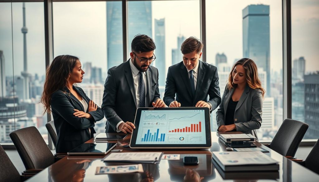 A dynamic business setting that illustrates "Competitive Excellence." In the foreground, a diverse group of three professionals in formal business attire are engaged in a strategic discussion around a large digital tablet displaying graphs and charts. The middle ground features a sleek conference table with modern technology and strategic partnership materials scattered about. In the background, large windows showcase a bustling cityscape, symbolizing opportunity and progress. Soft, ambient lighting casts a warm tone throughout the room, creating an atmosphere of collaboration and innovation. The angle is slightly elevated to capture the expressions of determination and focus on the individuals' faces, conveying a sense of forward-thinking and aspiration for future strategic partnerships.
