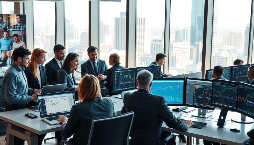 A dynamic office environment showcasing various types of trading companies. In the foreground, a group of diverse, professional individuals in business attire are engaged in discussion, surrounded by laptops displaying stock charts. In the middle ground, sleek desks are occupied by traders analyzing market data on screens, highlighting aspects of day trading, forex, and cryptocurrency platforms. The background features a modern office setting with large windows revealing a bustling cityscape, bathed in natural sunlight. The atmosphere is energetic yet professional, conveying a sense of ambition and innovation in the financial sector. The lighting is bright and crisp, enhancing the clarity of details, and capturing the essence of a thriving trading company. A dynamic office environment showcasing various types of trading companies. In the foreground, a group of diverse, professional individuals in business attire are engaged in discussion, surrounded by laptops displaying stock charts. In the middle ground, sleek desks are occupied by traders analyzing market data on screens, highlighting aspects of day trading, forex, and cryptocurrency platforms. The background features a modern office setting with large windows revealing a bustling cityscape, bathed in natural sunlight. The atmosphere is energetic yet professional, conveying a sense of ambition and innovation in the financial sector. The lighting is bright and crisp, enhancing the clarity of details, and capturing the essence of a thriving trading company.
