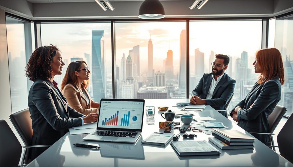 A dynamic scene depicting the concept of continuous learning in e-commerce and dropshipping. In the foreground, a diverse group of three professionals, dressed in smart business attire, eagerly discuss strategies at a sleek, modern conference table. In the middle, an open laptop displays graphs and analytics related to online sales, while digital marketing materials and product samples are scattered around. The background features a large window showcasing a vibrant city skyline infused with futuristic architecture, hinting at the evolving landscape of e-commerce. Soft natural light floods the room, creating an inspiring and focused atmosphere. The image captures a moment of collaboration and innovation, blending the idea of mentorship and proactive learning in the fast-paced world of online business. A dynamic scene depicting the concept of continuous learning in e-commerce and dropshipping. In the foreground, a diverse group of three professionals, dressed in smart business attire, eagerly discuss strategies at a sleek, modern conference table. In the middle, an open laptop displays graphs and analytics related to online sales, while digital marketing materials and product samples are scattered around. The background features a large window showcasing a vibrant city skyline infused with futuristic architecture, hinting at the evolving landscape of e-commerce. Soft natural light floods the room, creating an inspiring and focused atmosphere. The image captures a moment of collaboration and innovation, blending the idea of mentorship and proactive learning in the fast-paced world of online business.