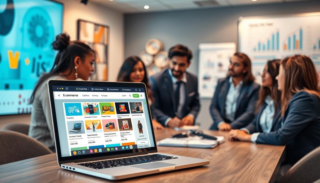 A modern and sleek e-commerce website design interface displayed on a laptop screen, featuring vibrant product thumbnails showcasing digital goods like online courses and software. In the foreground, a diverse group of professionals dressed in business attire, focused on a presentation about choosing the right e-commerce platform, discussing features and benefits. The middle ground includes a stylish office background with abstract art on the walls and a digital whiteboard displaying charts related to e-commerce success. Soft, warm lighting enhances a collaborative and innovative atmosphere, while a shallow depth of field blurs the background slightly, emphasizing the group and the laptop screen. The perspective is slightly from above, offering a comprehensive view of the workspace setup. A modern and sleek e-commerce website design interface displayed on a laptop screen, featuring vibrant product thumbnails showcasing digital goods like online courses and software. In the foreground, a diverse group of professionals dressed in business attire, focused on a presentation about choosing the right e-commerce platform, discussing features and benefits. The middle ground includes a stylish office background with abstract art on the walls and a digital whiteboard displaying charts related to e-commerce success. Soft, warm lighting enhances a collaborative and innovative atmosphere, while a shallow depth of field blurs the background slightly, emphasizing the group and the laptop screen. The perspective is slightly from above, offering a comprehensive view of the workspace setup.