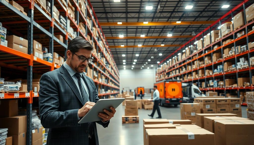 A modern e-commerce warehouse setting filled with neatly organized shelves stocked with various products. In the foreground, a professional individual dressed in smart business attire is using a tablet to manage inventory, with a focused expression. In the middle, there are workers efficiently packing orders into boxes, ready for shipping, showcasing teamwork and organization. The background features a large shipping area with crates and delivery trucks, emphasizing the logistics aspect. Bright, efficient lighting illuminates the space, and the angle is a dynamic perspective that highlights both the inventory and shipping processes. The overall atmosphere exudes productivity and reliability, conveying the essence of effective inventory management and shipping. A modern e-commerce warehouse setting filled with neatly organized shelves stocked with various products. In the foreground, a professional individual dressed in smart business attire is using a tablet to manage inventory, with a focused expression. In the middle, there are workers efficiently packing orders into boxes, ready for shipping, showcasing teamwork and organization. The background features a large shipping area with crates and delivery trucks, emphasizing the logistics aspect. Bright, efficient lighting illuminates the space, and the angle is a dynamic perspective that highlights both the inventory and shipping processes. The overall atmosphere exudes productivity and reliability, conveying the essence of effective inventory management and shipping.