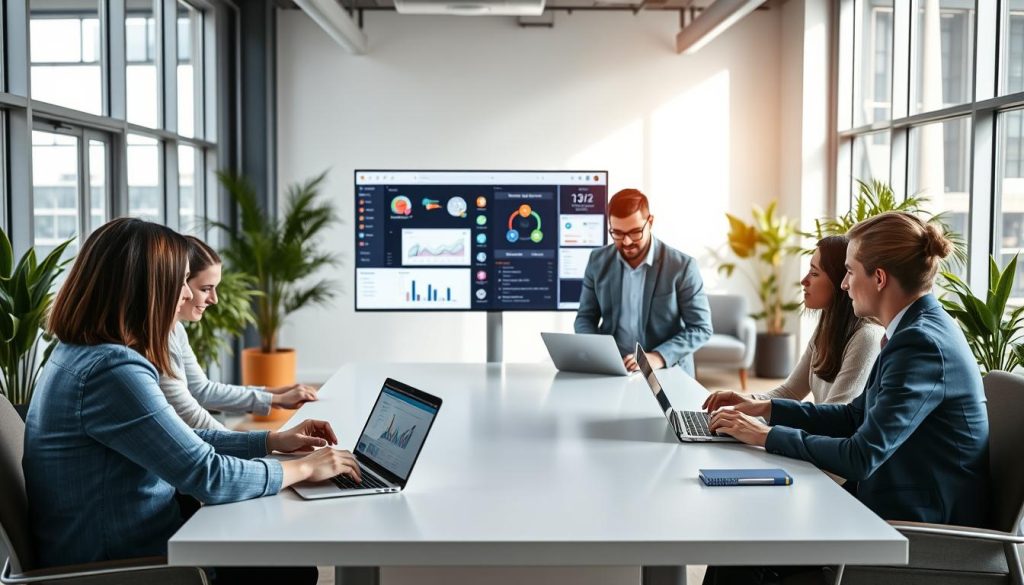 A modern, inviting digital workspace illustrating "user experience improvement." In the foreground, a diverse group of three professionals dressed in smart casual attire are engaged in a brainstorming session around a sleek table, showcasing laptops and tablets with charts and graphs. In the middle, a large monitor displays an intuitive interface design, indicating user feedback tools and analytics. The background features a contemporary office with bright, natural light streaming in through large windows, and plants that add a touch of greenery. The atmosphere is collaborative and innovative, with soft-focus elements suggesting creativity and teamwork. The composition should evoke a sense of support and engagement, suitable for enhancing the customer service experience in a digital product setting. A modern, inviting digital workspace illustrating "user experience improvement." In the foreground, a diverse group of three professionals dressed in smart casual attire are engaged in a brainstorming session around a sleek table, showcasing laptops and tablets with charts and graphs. In the middle, a large monitor displays an intuitive interface design, indicating user feedback tools and analytics. The background features a contemporary office with bright, natural light streaming in through large windows, and plants that add a touch of greenery. The atmosphere is collaborative and innovative, with soft-focus elements suggesting creativity and teamwork. The composition should evoke a sense of support and engagement, suitable for enhancing the customer service experience in a digital product setting.