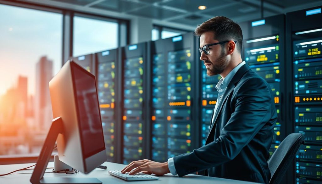 A modern office setting showcasing server management services. In the foreground, a professional IT technician in business attire is focused on a sleek desktop monitor, analyzing data with server racks in the background, illuminated by soft LED lighting. The middle layer features high-tech servers with blinking lights, representing active data transfer and network connectivity. The background includes a window with a city skyline, casting soft natural light into the room, enhancing the atmosphere of productivity and professionalism. The overall mood is focused and efficient, emphasizing a tech-savvy environment. The composition should be wide-angled to capture the depth of the workspace, ensuring no text or branding is present.