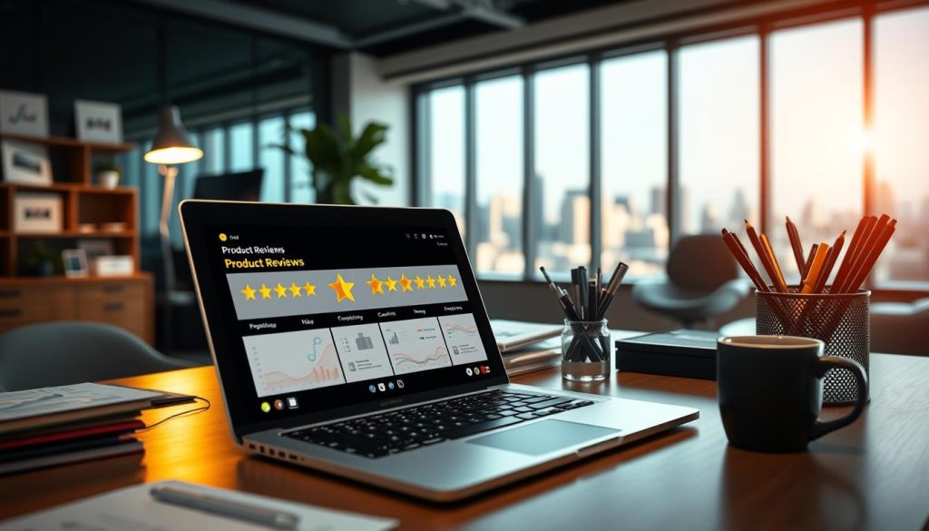 A modern office workspace featuring a professional setting. In the foreground, a sleek laptop displays product reviews with star ratings, surrounded by comparison charts of various products. The middle layer includes a stylish desk organizer filled with pens and notepads, alongside a cup of coffee, suggesting productivity. In the background, a large window lets in natural light, casting a warm glow over the room, with a view of a bustling city. The atmosphere is focused and inspiring, emphasizing a work environment conducive to creating compelling product reviews. The composition has a slight depth of field, drawing attention to the foreground details while softly blurring the background elements. Ambient lighting enhances the mood, making it inviting yet professional.