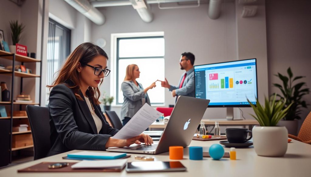 A modern office workspace showcasing a diverse group of professionals collaborating on sales strategies through Telegram and Twitter. In the foreground, a focused woman in smart casual attire is writing educational content on her laptop, surrounded by product samples displayed neatly. In the middle ground, two colleagues are discussing ideas, pointing at a digital marketing dashboard on a screen, emphasizing teamwork. In the background, a bright window lets in natural light, creating a warm, inviting atmosphere. The colors are vibrant and engaging, reflecting creativity and innovation. The scene conveys a sense of productivity and professionalism, ideal for depicting modern sales improvement strategies through social media.