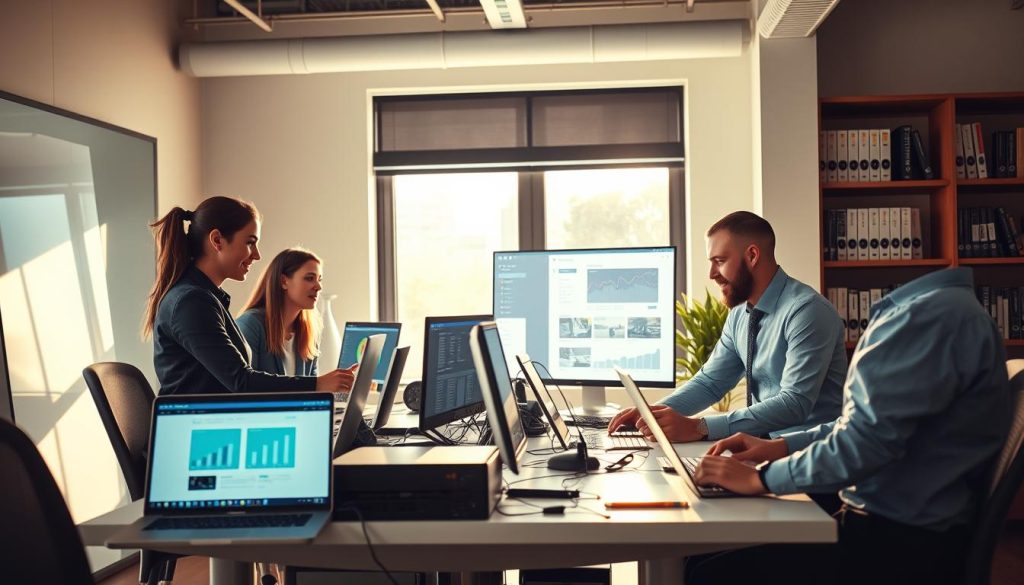 A professional office setting showcasing a team of IT specialists working on a website migration project. In the foreground, a diverse group of three technicians, one female and two male, dressed in business casual attire, collaborate around a sleek desk littered with laptops, servers, and digital screens displaying graphs and website layouts. In the middle ground, a large window allows natural light to flood the room, enhancing the vibrant atmosphere. The background reveals bookshelves filled with tech manuals and product guides, reinforcing a sense of expertise. Soft shadows and warm lighting create an inviting mood, highlighting the focus and collaboration among the team as they strategize the website transfer process. The scene captures both professionalism and a modern approach to server management.